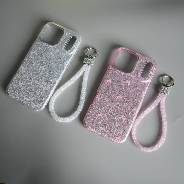 iPhone 17 Pro Shimmer Bow Design Case | With Mobile Wrist Holder Charm