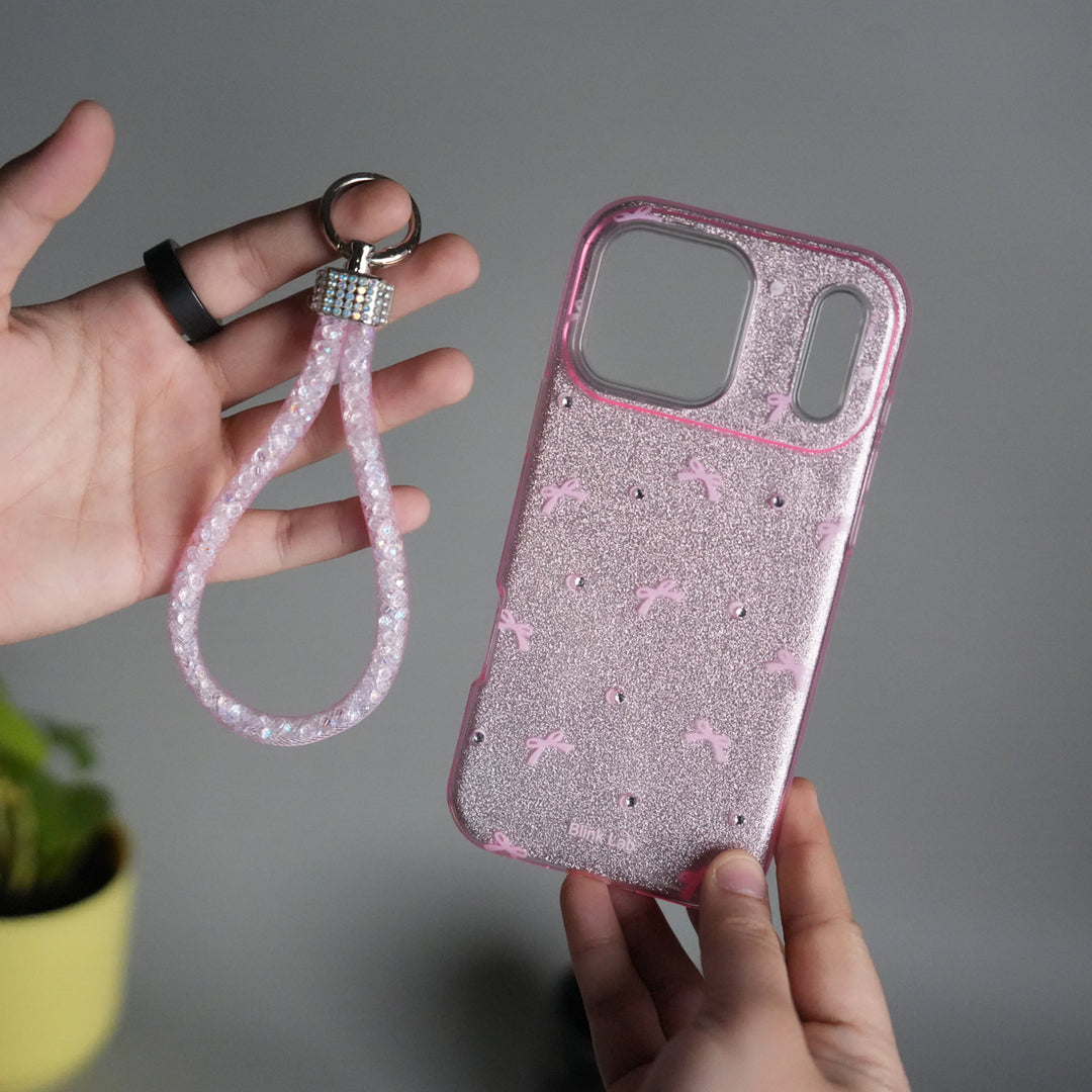 iPhone 17 Pro Shimmer Bow Design Case | With Mobile Wrist Holder Charm