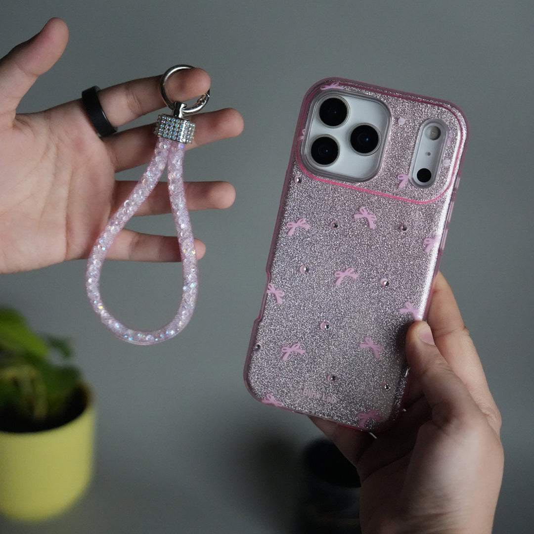 iPhone 17 Pro Shimmer Bow Design Case | With Mobile Wrist Holder Charm