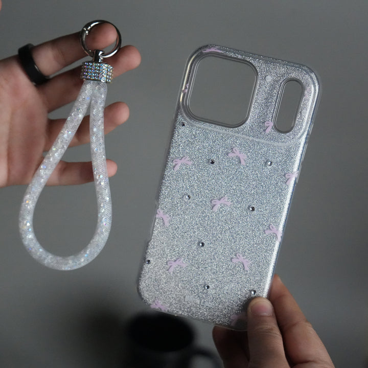 iPhone 17 Pro Shimmer Bow Design Case | With Mobile Wrist Holder Charm