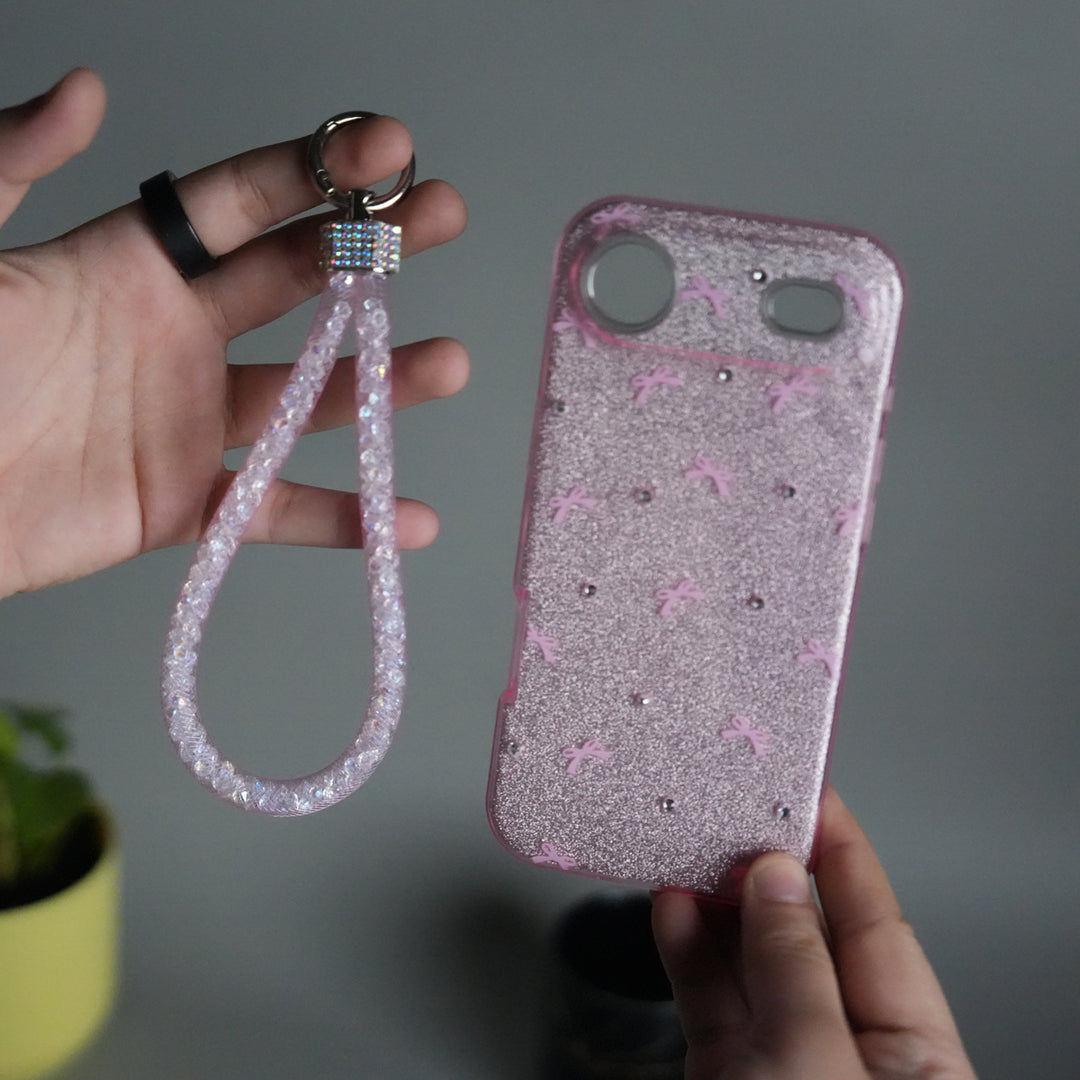 iPhone 17 Air Shimmer Bow Design Case | With Mobile Wrist Holder Charm