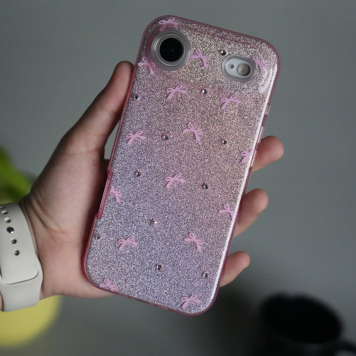 iPhone 17 Air Shimmer Bow Design Case | With Mobile Wrist Holder Charm