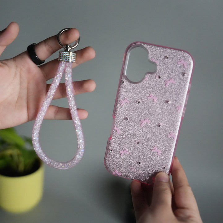 iPhone 17 Shimmer Bow Design Case | With Mobile Wrist Holder Charm