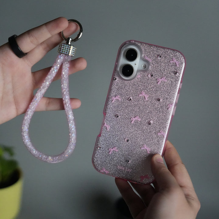 iPhone 17 Shimmer Bow Design Case | With Mobile Wrist Holder Charm