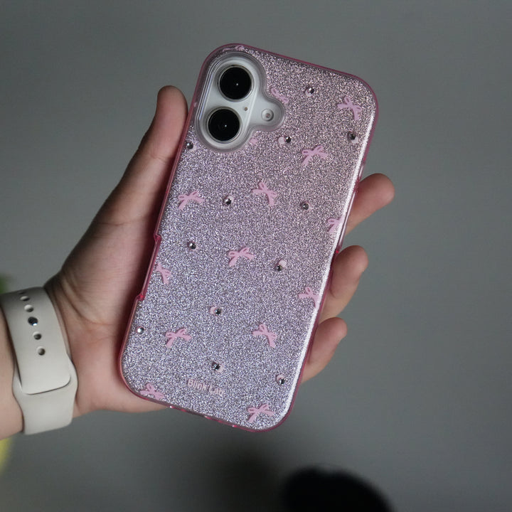 iPhone 17 Shimmer Bow Design Case | With Mobile Wrist Holder Charm