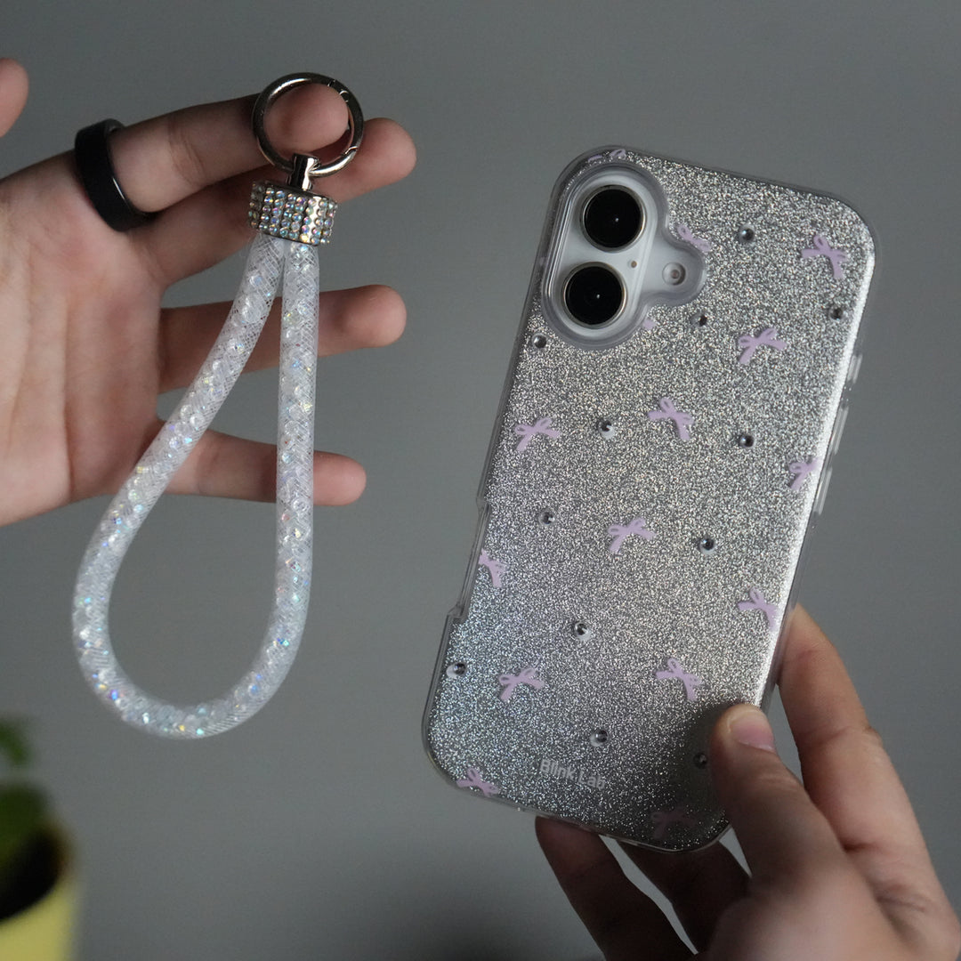 iPhone 17 Shimmer Bow Design Case | With Mobile Wrist Holder Charm