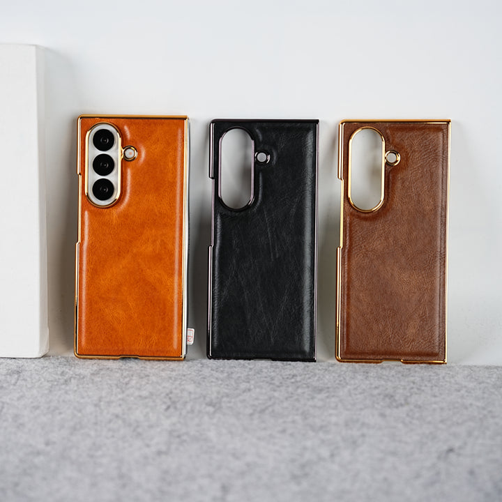 Samsung Galaxy Z Fold 7 PU Leather Chrome Plated Front Screen Protector Case Cover