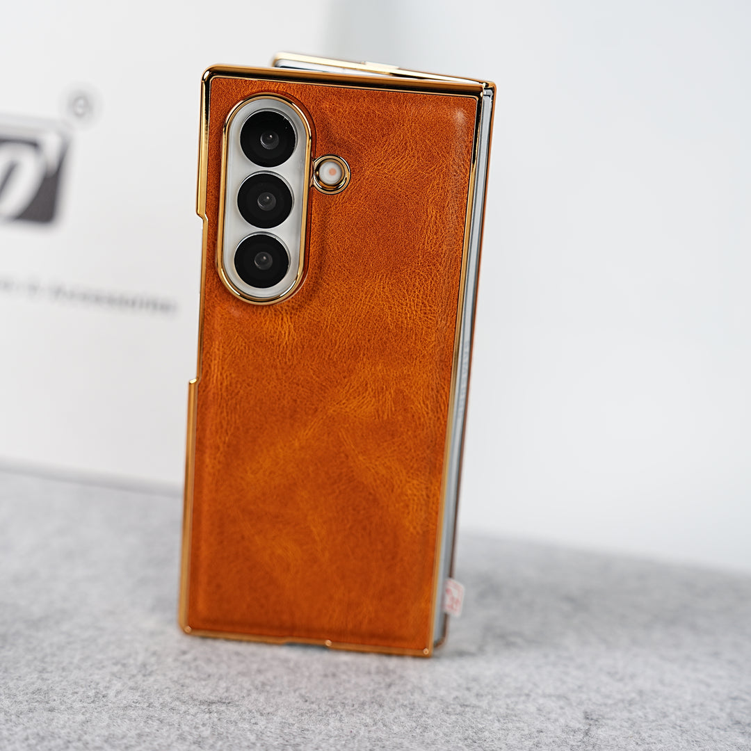 Samsung Galaxy Z Fold 7 PU Leather Chrome Plated Front Screen Protector Case Cover
