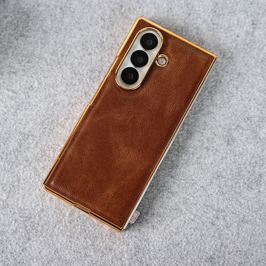 Samsung Galaxy Z Fold 7 PU Leather Chrome Plated Front Screen Protector Case Cover