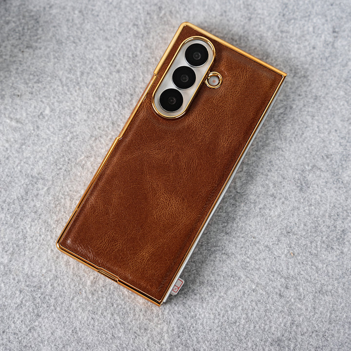 Samsung Galaxy Z Fold 7 PU Leather Chrome Plated Front Screen Protector Case Cover