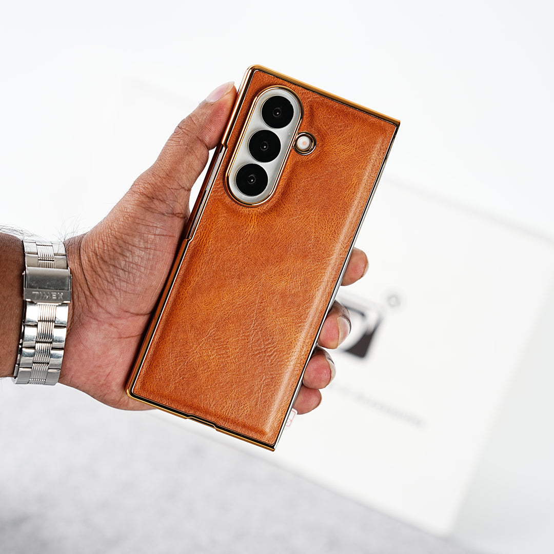 Samsung Galaxy Z Fold 7 PU Leather Chrome Plated Front Screen Protector Case Cover