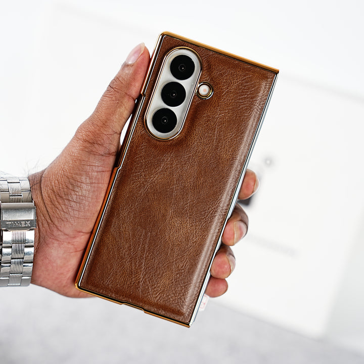 Samsung Galaxy Z Fold 7 PU Leather Chrome Plated Front Screen Protector Case Cover
