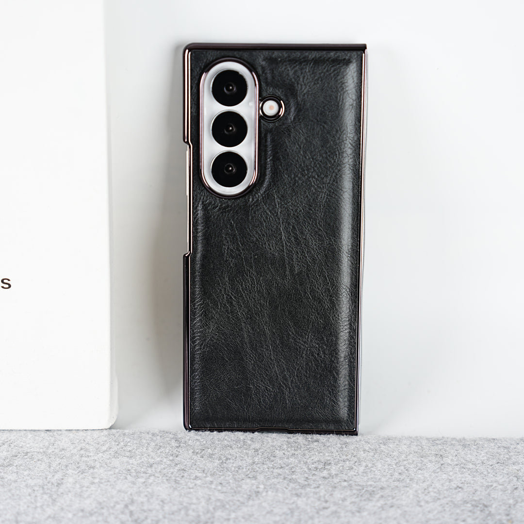 Samsung Galaxy Z Fold 7 PU Leather Chrome Plated Front Screen Protector Case Cover