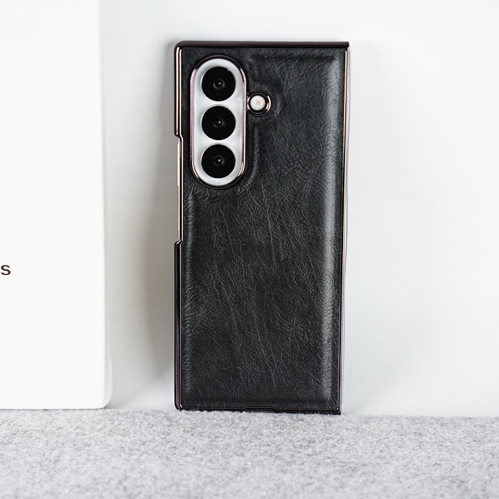 Samsung Galaxy Z Fold 7 PU Leather Chrome Plated Front Screen Protector Case Cover