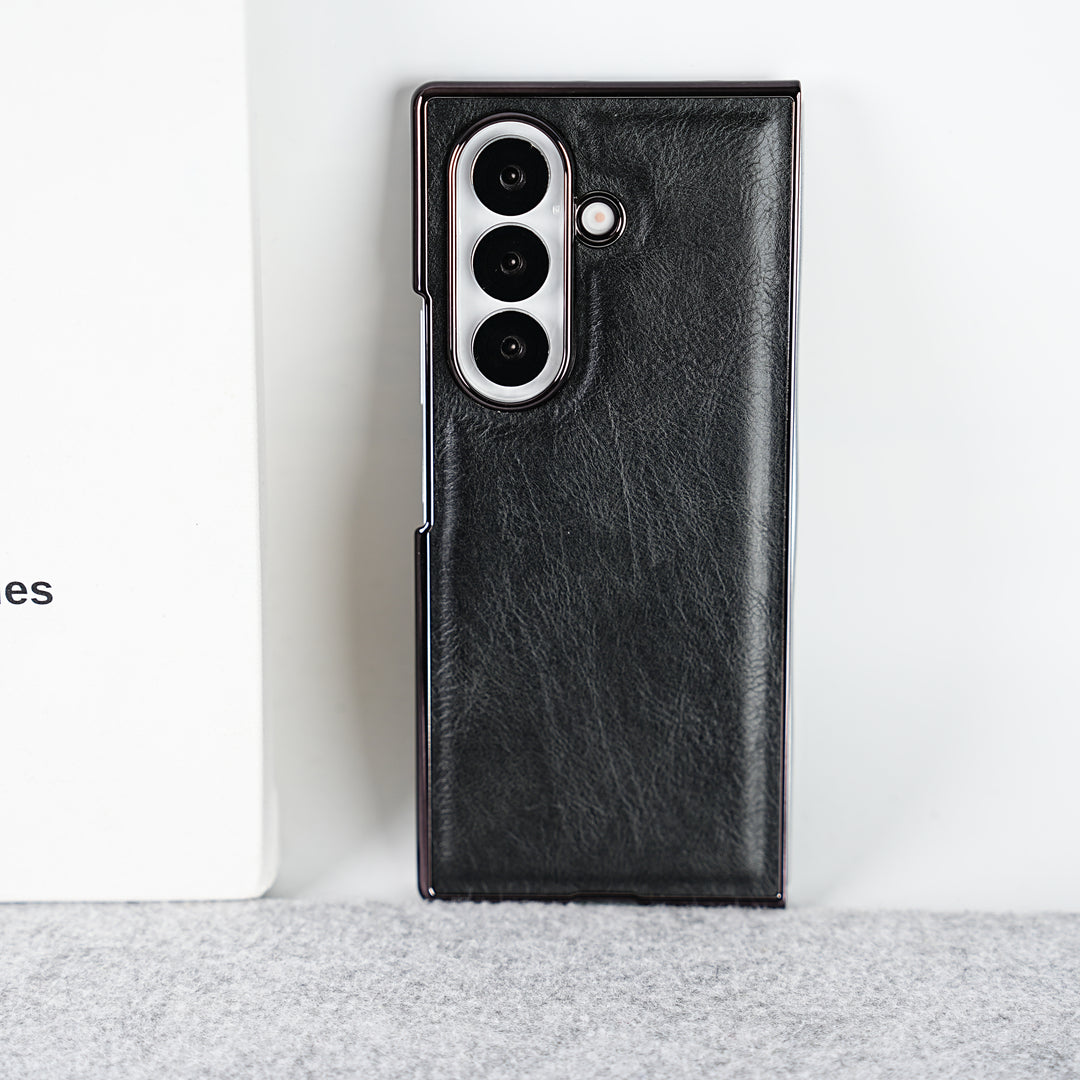 Samsung Galaxy Z Fold 7 PU Leather Chrome Plated Front Screen Protector Case Cover