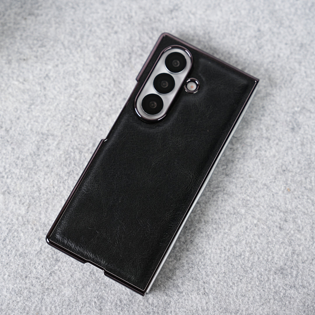 Samsung Galaxy Z Fold 7 PU Leather Chrome Plated Front Screen Protector Case Cover