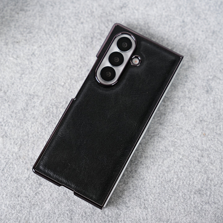Samsung Galaxy Z Fold 7 PU Leather Chrome Plated Front Screen Protector Case Cover