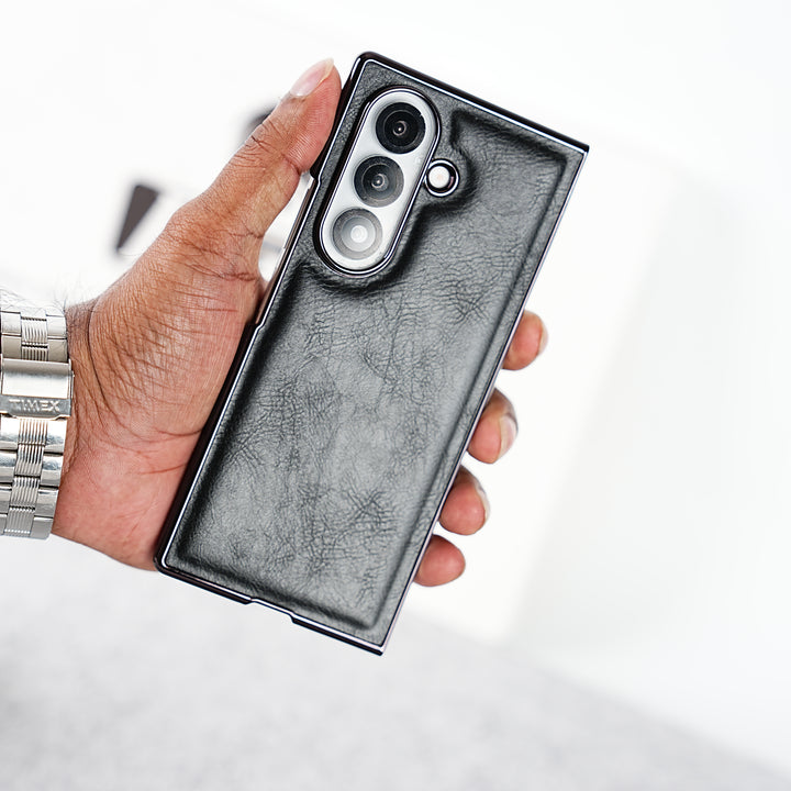 Samsung Galaxy Z Fold 7 PU Leather Chrome Plated Front Screen Protector Case Cover