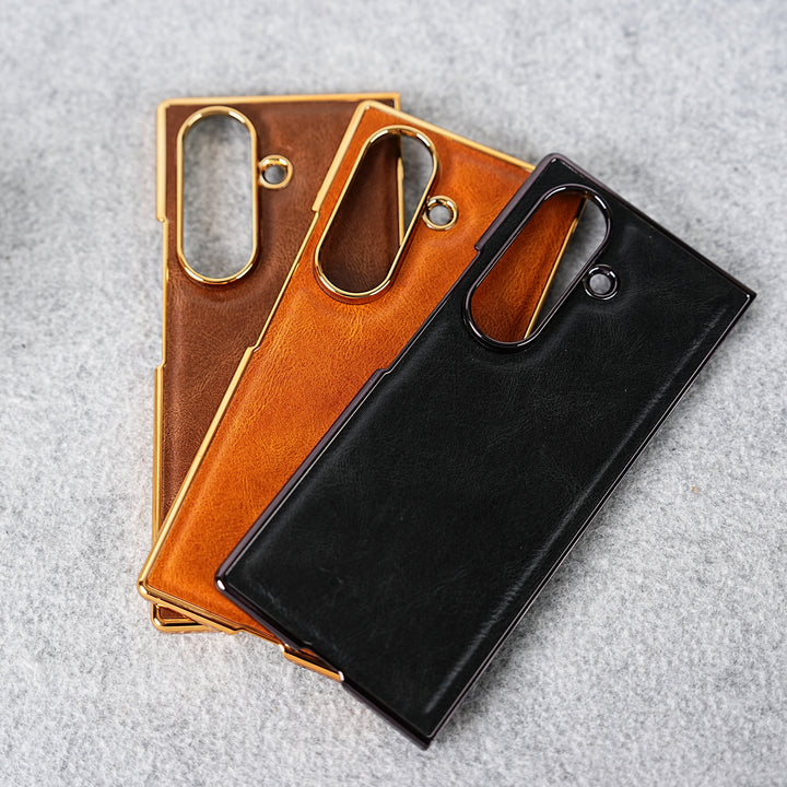 Samsung Galaxy Z Fold 7 PU Leather Chrome Plated Front Screen Protector Case Cover