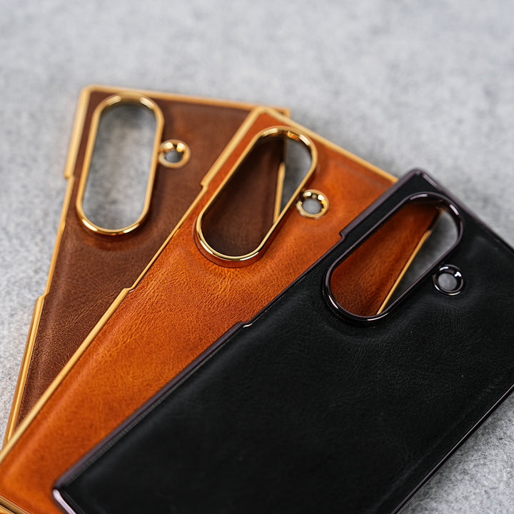 Samsung Galaxy Z Fold 7 PU Leather Chrome Plated Front Screen Protector Case Cover