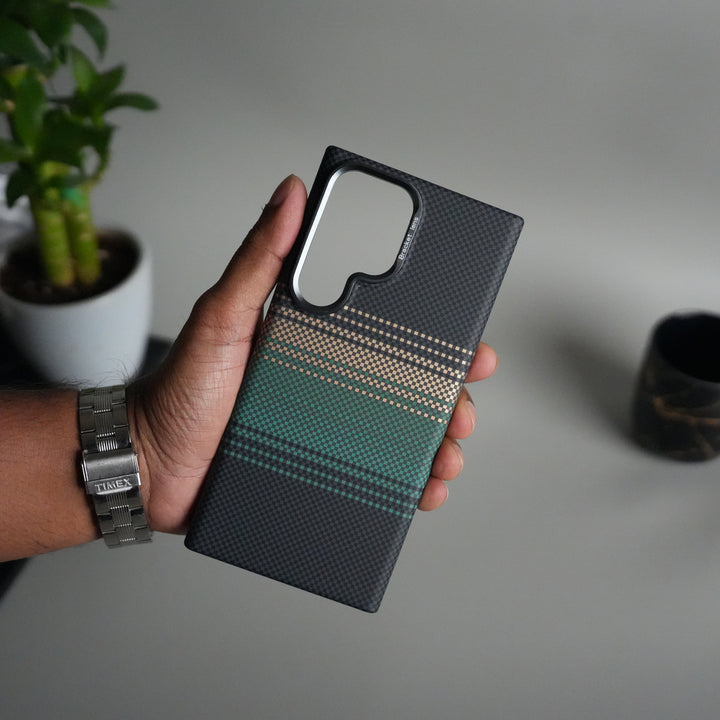 Galaxy S23 Ultra Carbon Fiber Texture Design Hard Pc MagSafe Case Cover GreenOrange