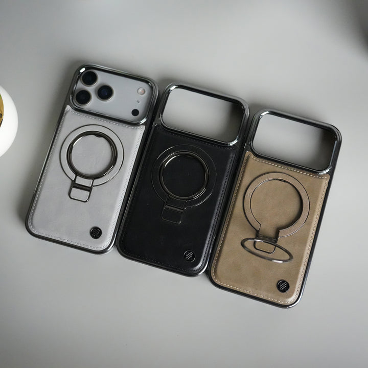 iPhone 17 Pro Max PU Leather Chrome Side Case With Ring Metal Stand