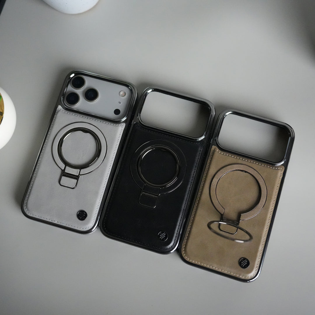 iPhone 17 Pro Max PU Leather Chrome Side Case With Ring Metal Stand