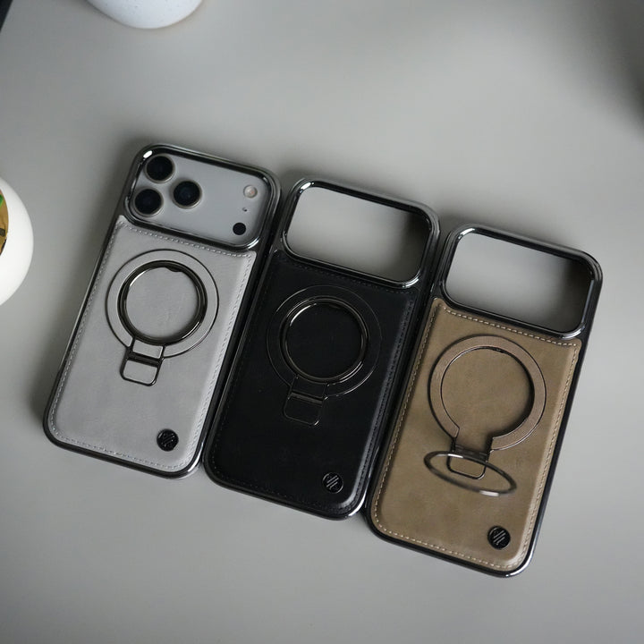 iPhone 17 Pro Max PU Leather Chrome Side Case With Ring Metal Stand