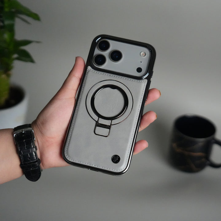 iPhone 17 Pro Max PU Leather Chrome Side Case With Ring Metal Stand