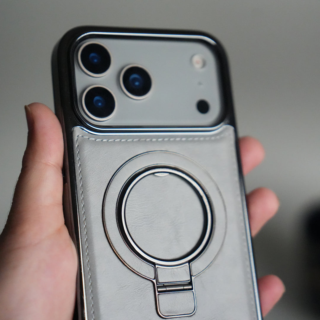 iPhone 17 Pro Max PU Leather Chrome Side Case With Ring Metal Stand