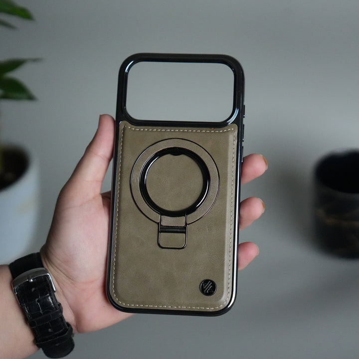 iPhone 17 Pro Max PU Leather Chrome Side Case With Ring Metal Stand
