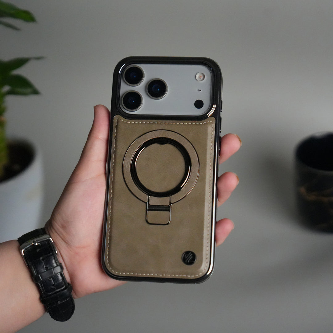 iPhone 17 Pro Max PU Leather Chrome Side Case With Ring Metal Stand