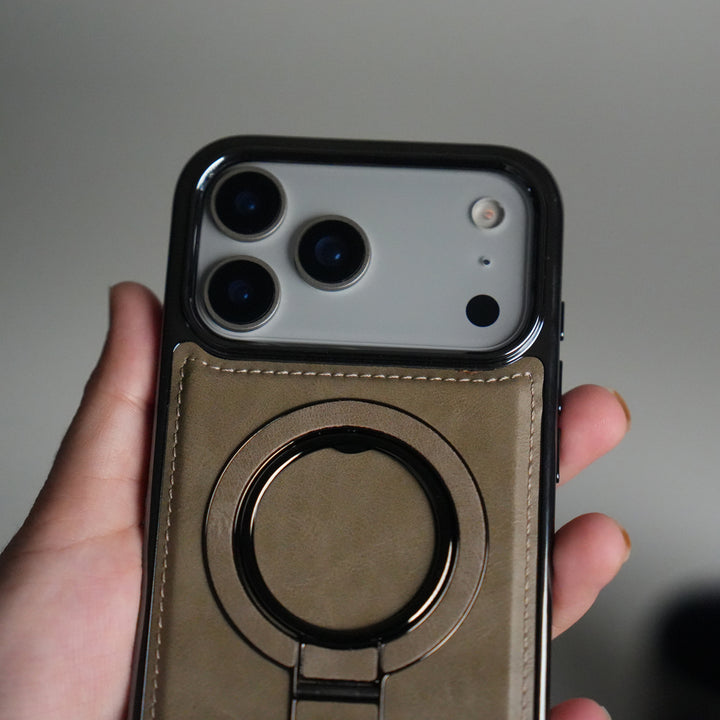iPhone 17 Pro Max PU Leather Chrome Side Case With Ring Metal Stand
