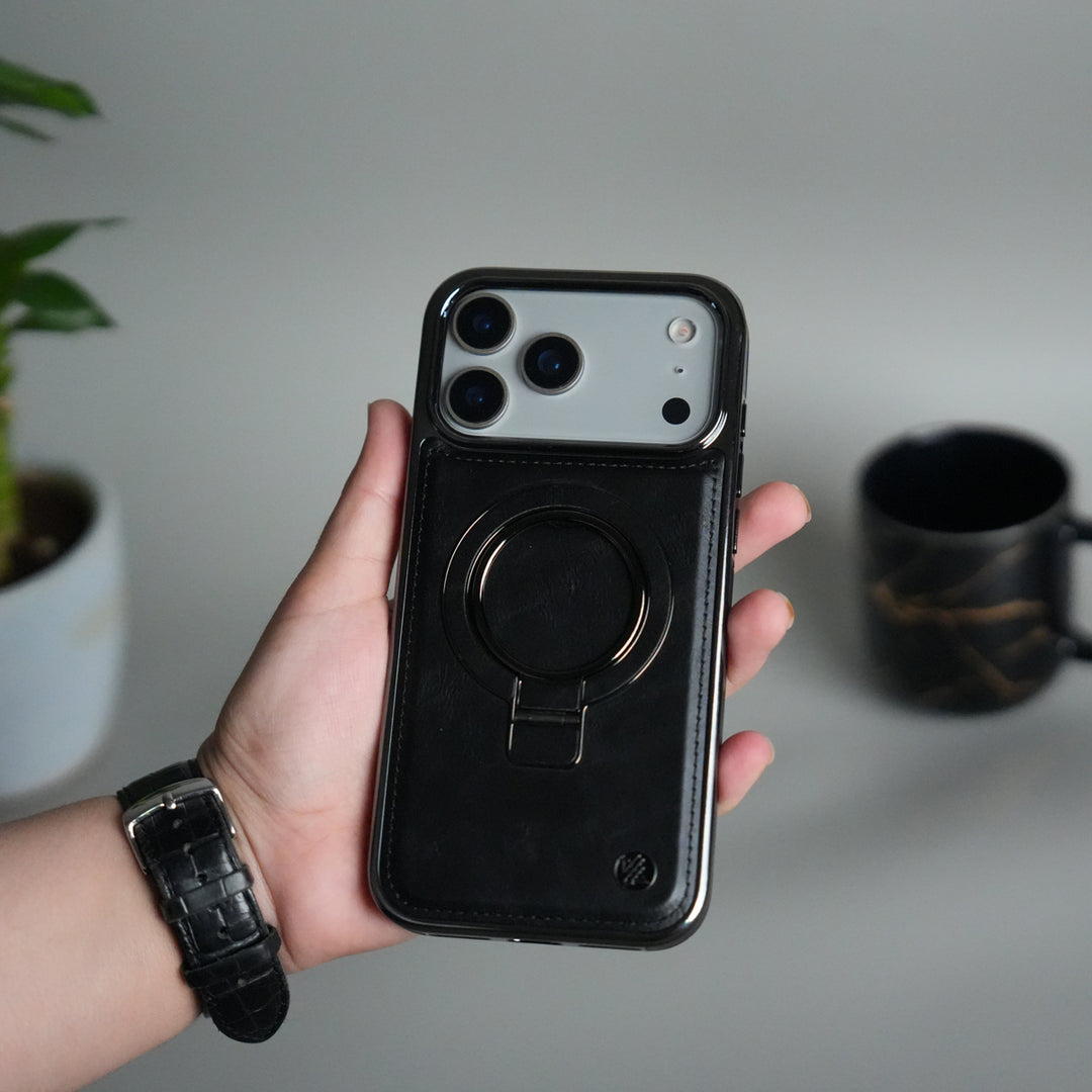 iPhone 17 Pro Max PU Leather Chrome Side Case With Ring Metal Stand