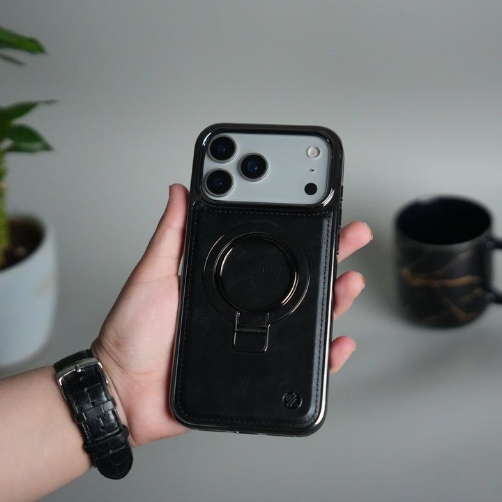 iPhone 17 Pro Max PU Leather Chrome Side Case With Ring Metal Stand