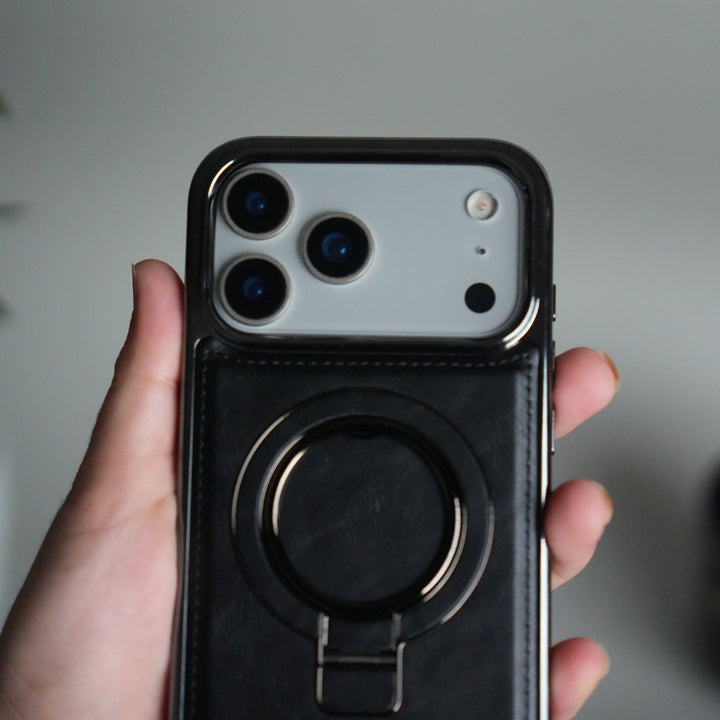 iPhone 17 Pro Max PU Leather Chrome Side Case With Ring Metal Stand