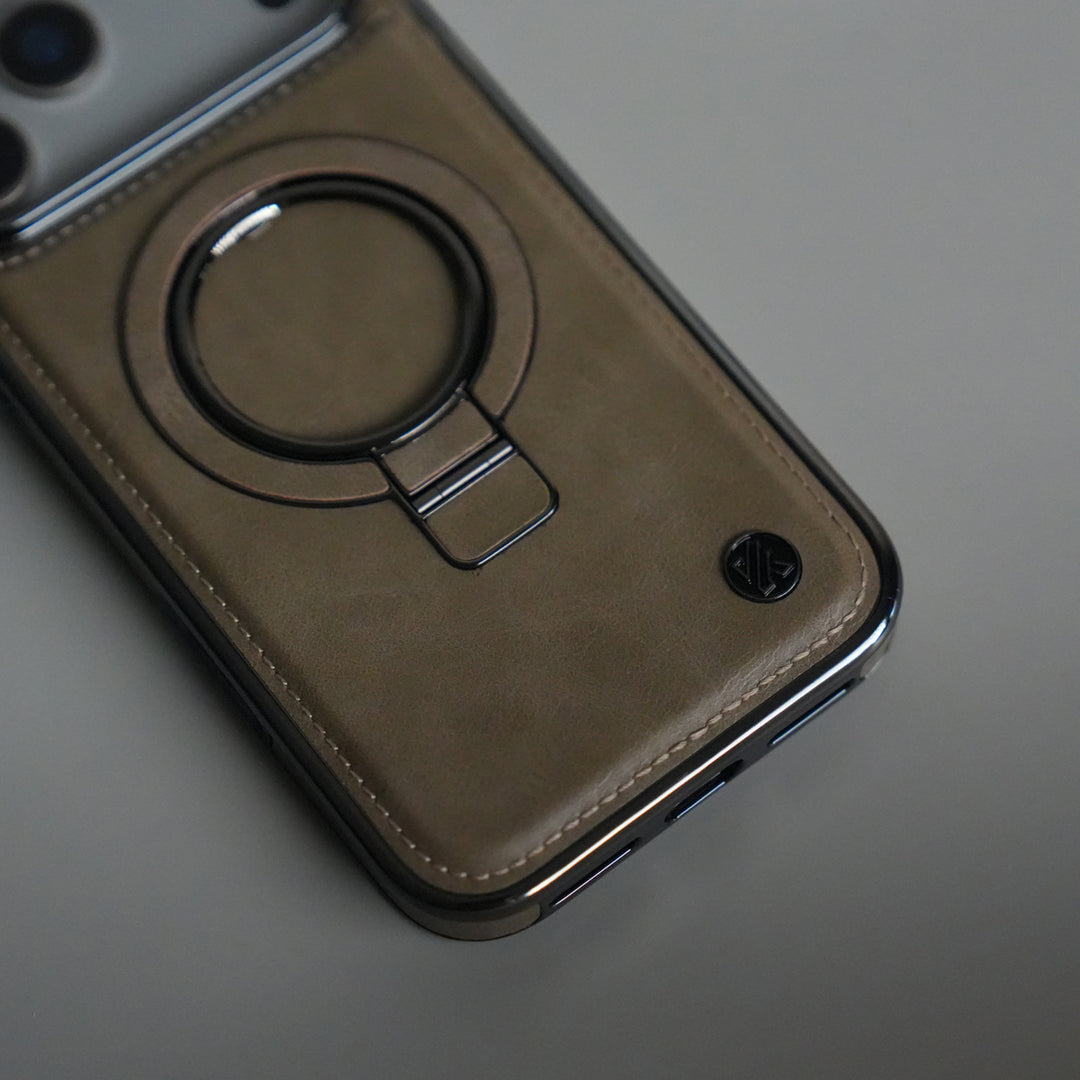 iPhone 17 Pro Max PU Leather Chrome Side Case With Ring Metal Stand