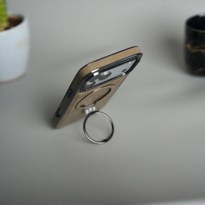 iPhone 17 Pro Max PU Leather Chrome Side Case With Ring Metal Stand
