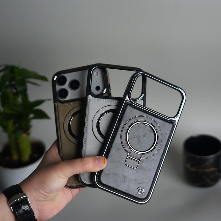 iPhone 17 Pro Max PU Leather Chrome Side Case With Ring Metal Stand