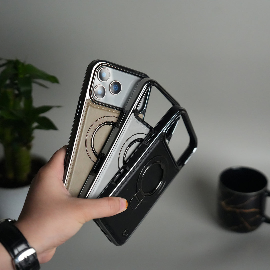 iPhone 17 Pro Max PU Leather Chrome Side Case With Ring Metal Stand