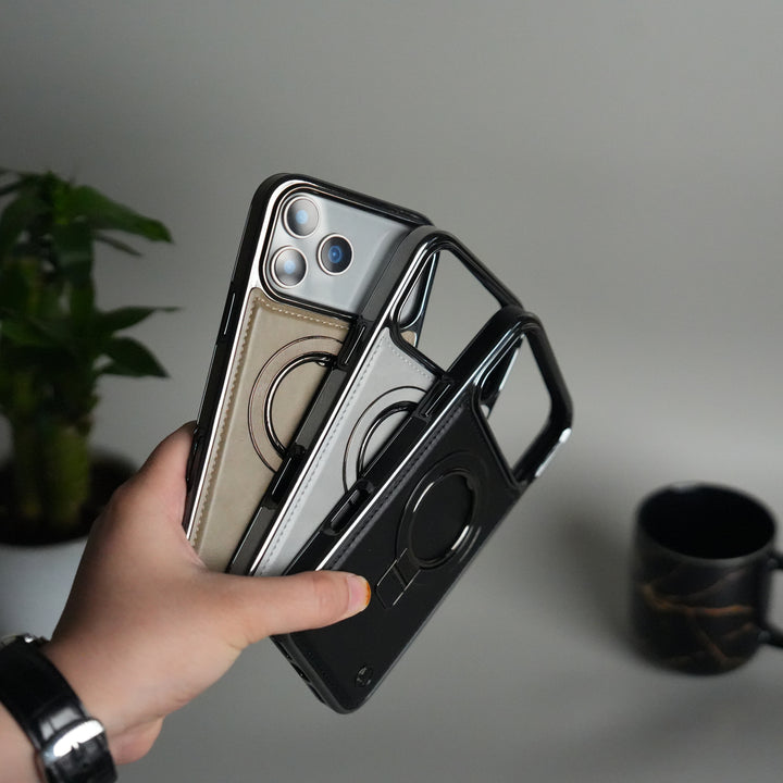 iPhone 17 Pro Max PU Leather Chrome Side Case With Ring Metal Stand