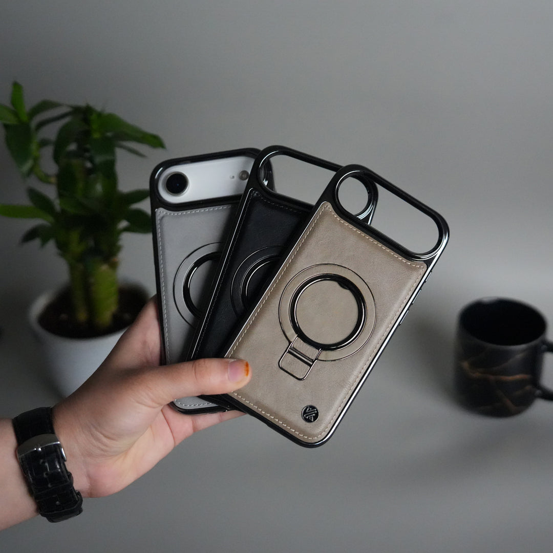 iPhone 17 Air PU Leather Chrome Side Case With Ring Metal Stand