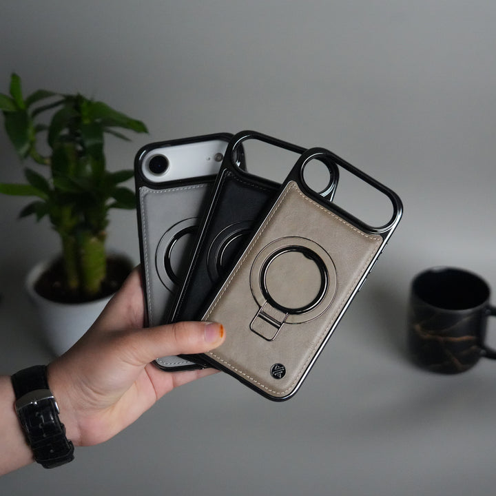 iPhone 17 Air PU Leather Chrome Side Case With Ring Metal Stand