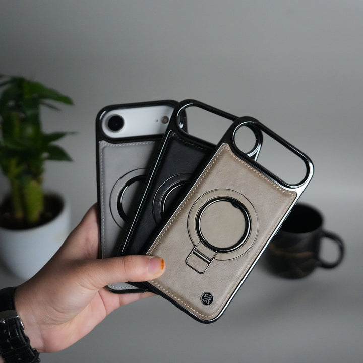 iPhone 17 Air PU Leather Chrome Side Case With Ring Metal Stand