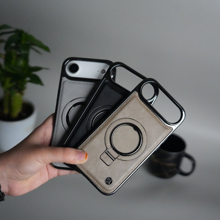iPhone 17 Air PU Leather Chrome Side Case With Ring Metal Stand
