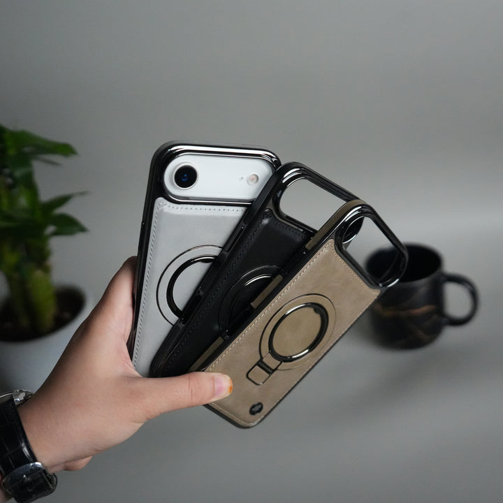 iPhone 17 Air PU Leather Chrome Side Case With Ring Metal Stand