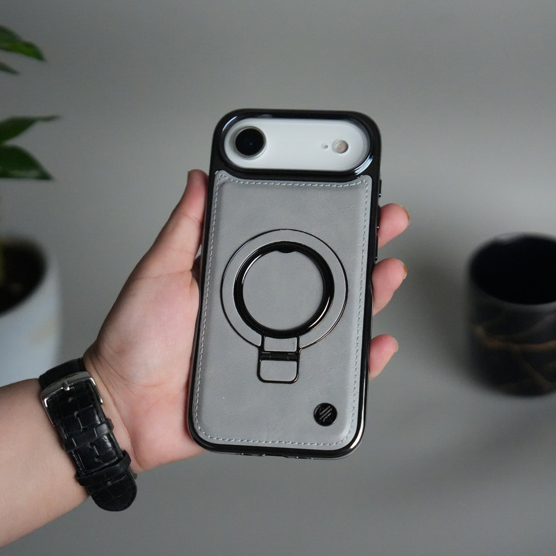 iPhone 17 Air PU Leather Chrome Side Case With Ring Metal Stand