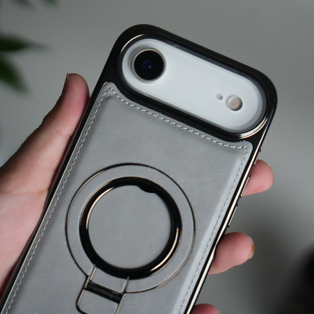 iPhone 17 Air PU Leather Chrome Side Case With Ring Metal Stand