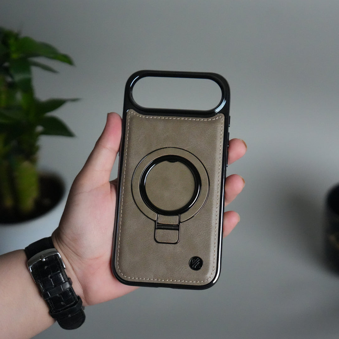 iPhone 17 Air PU Leather Chrome Side Case With Ring Metal Stand