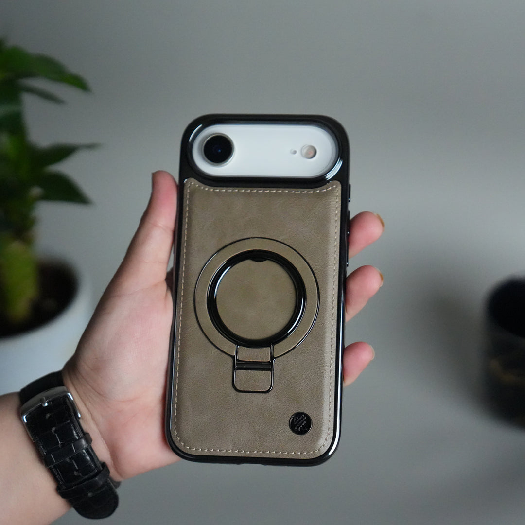iPhone 17 Air PU Leather Chrome Side Case With Ring Metal Stand